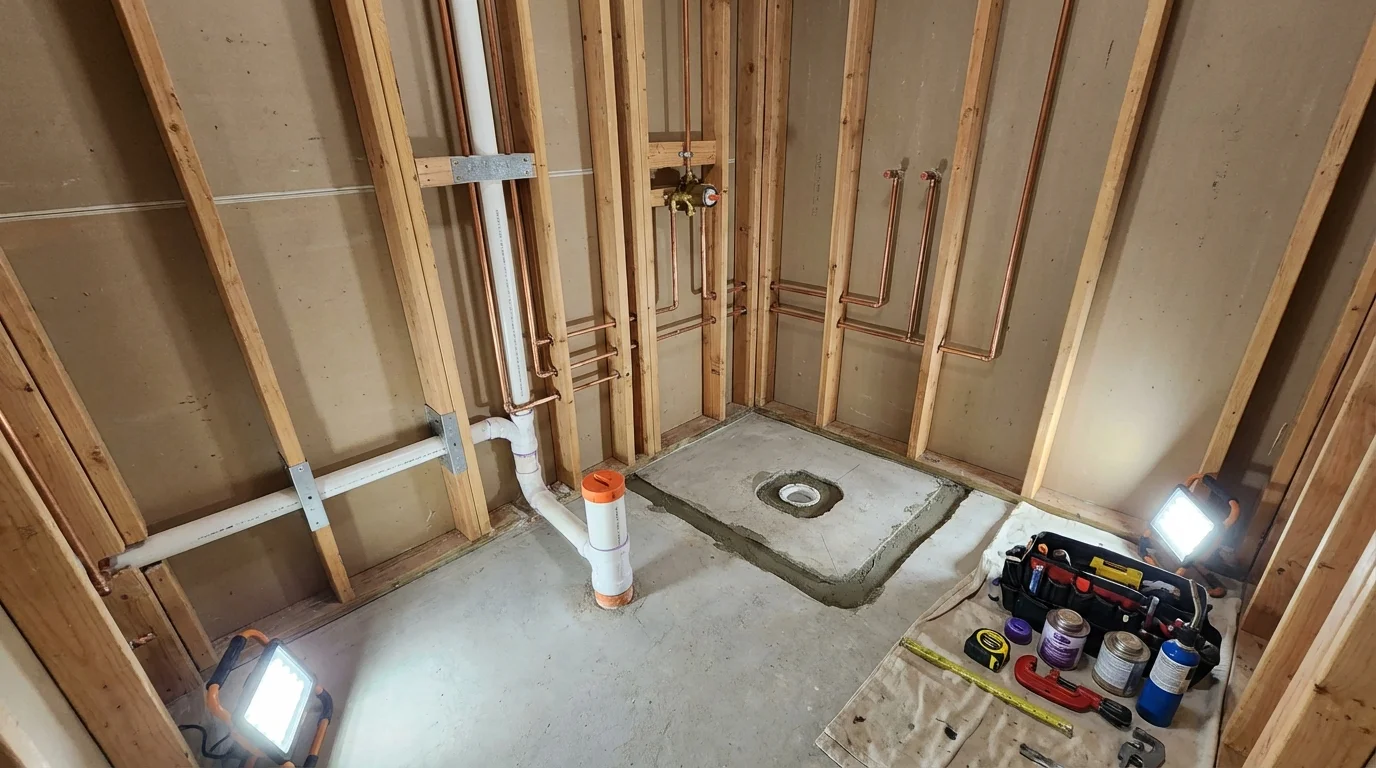 Bathroom rough-in plumbing during remodel by Johns Plumbing LLC in Porcupine