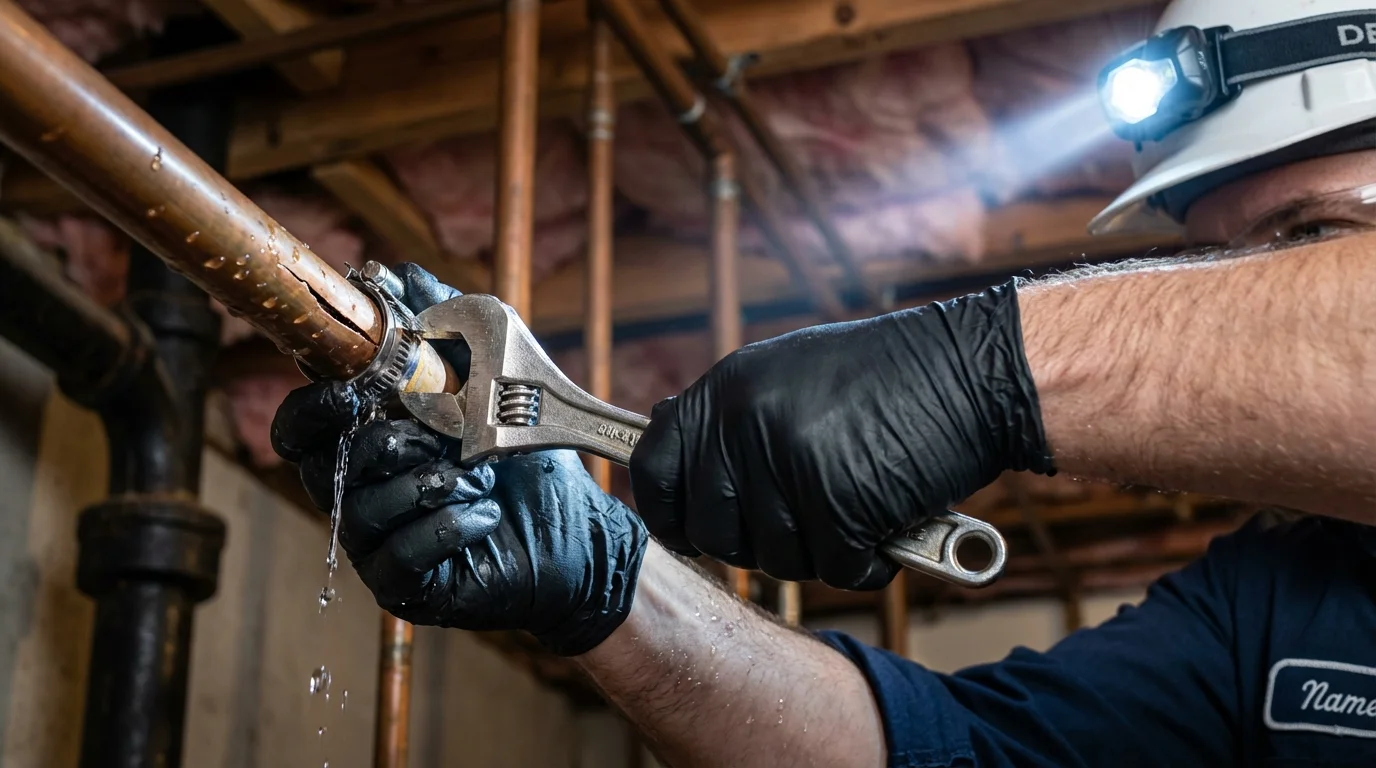 Emergency pipe clamp repair being performed by a Johns Plumbing LLC plumber in Porcupine