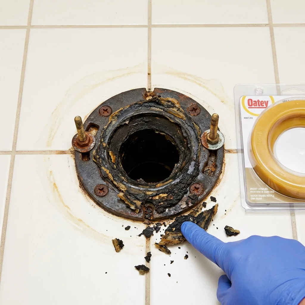 Failed wax ring showing water seepage at the base of a toilet in a Porcupine, SD home