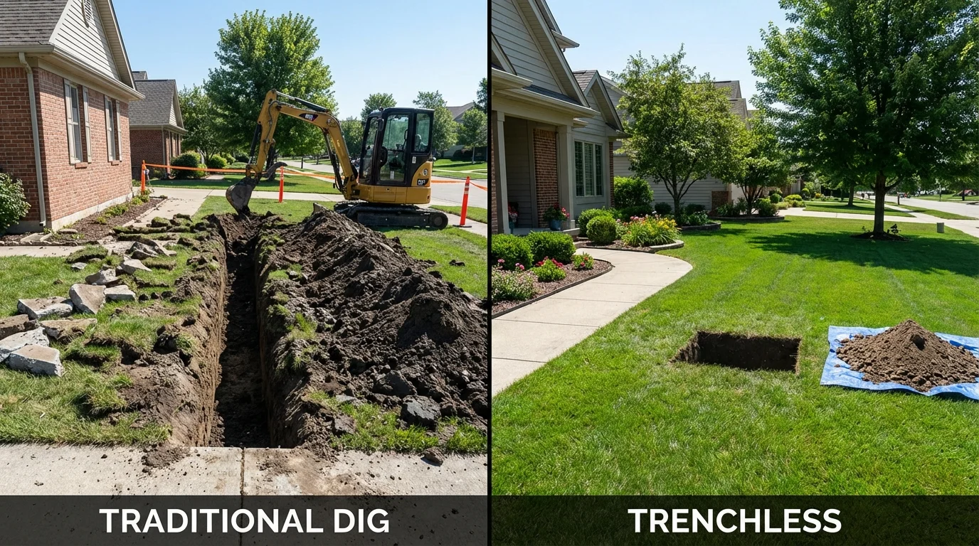 Trenchless sewer repair with minimal yard damage versus traditional excavation in Porcupine, SD