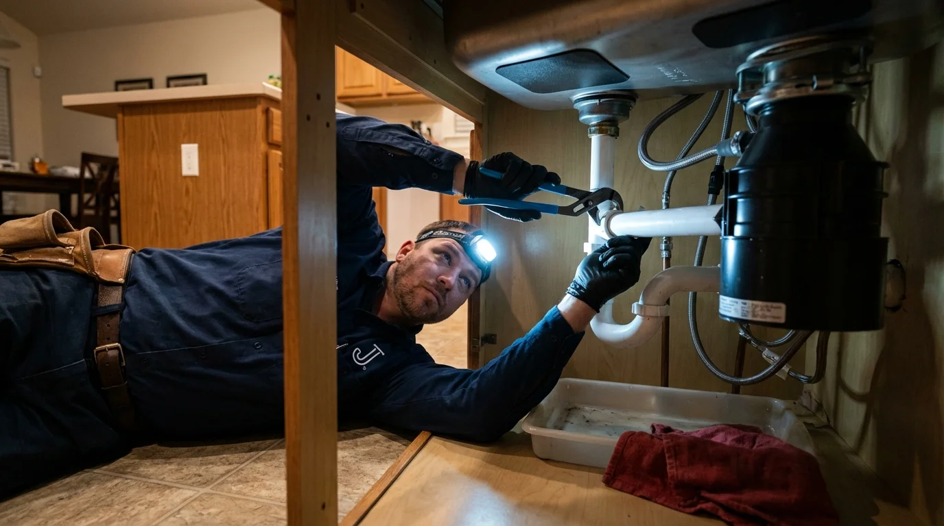 P-trap and supply line connections under a kitchen sink showing a common leak point in Porcupine, SD